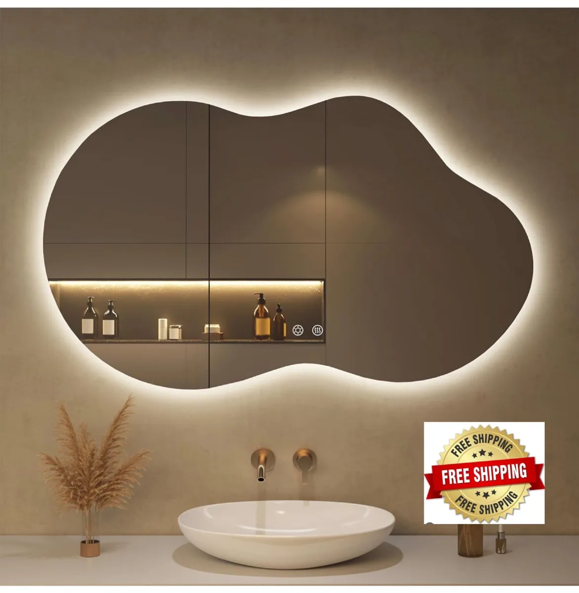 Mirror with LED Lights,100X60cm Irregular LED Bath - Image 1