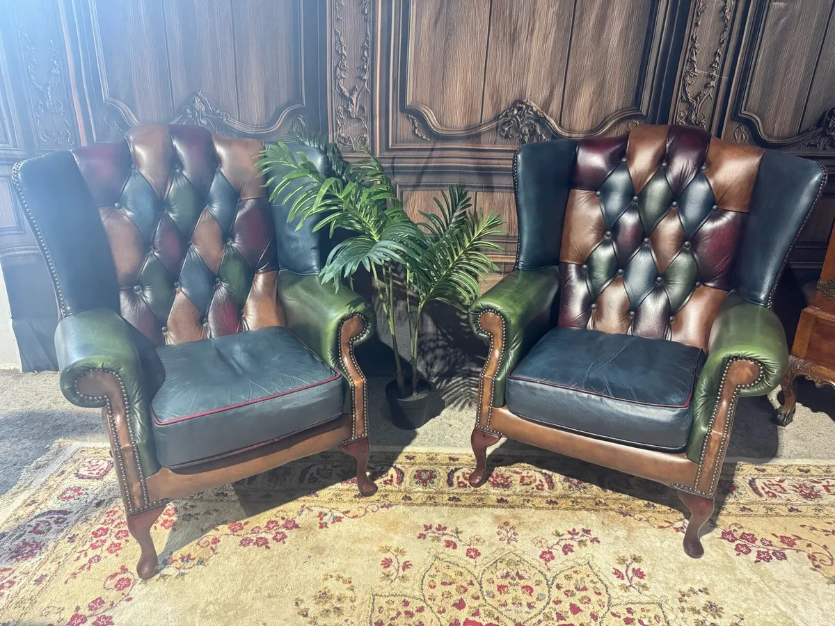 Chesterfield Patchwork Queen Anne Wing Chairs - Image 1