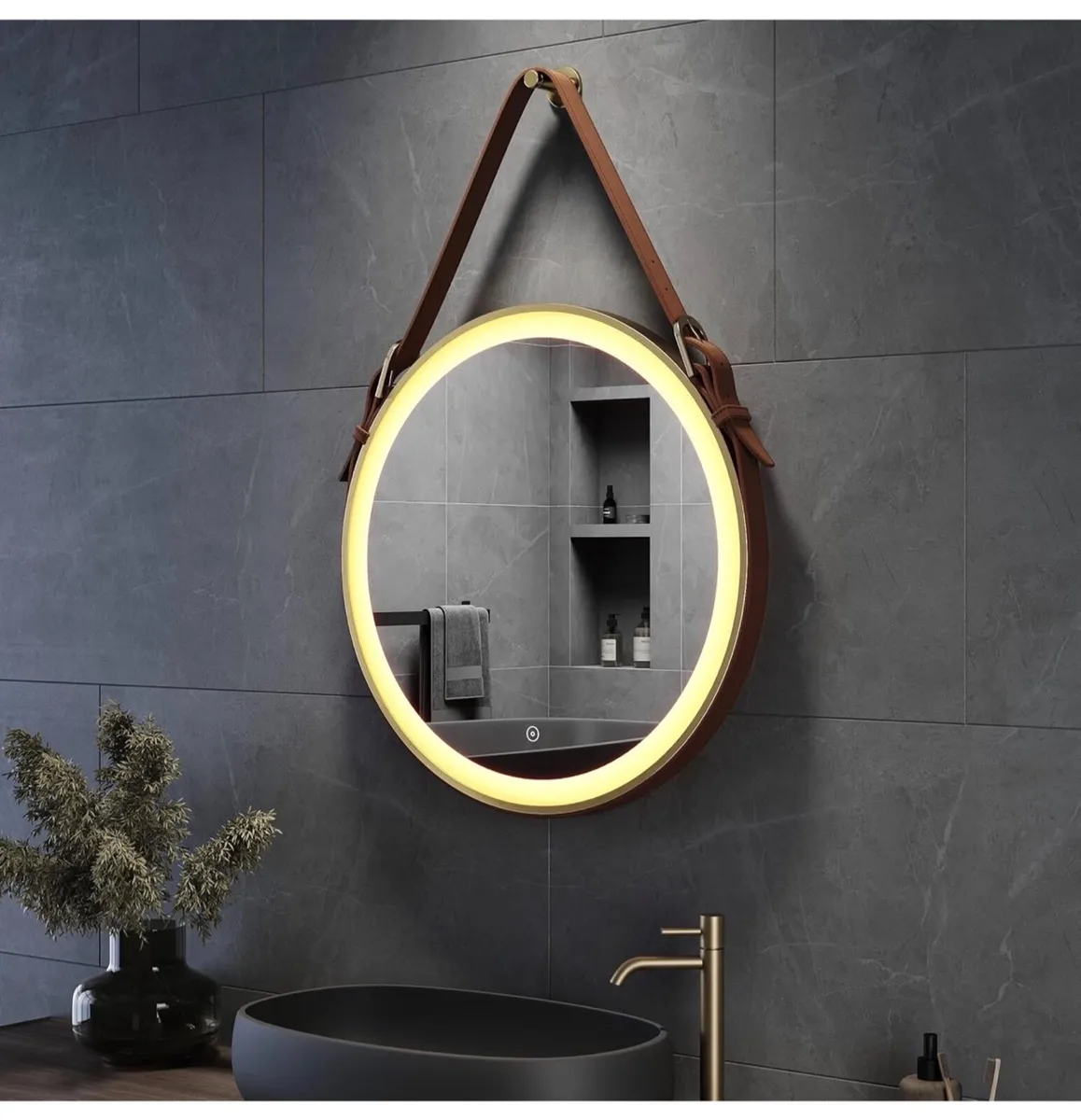 Round Bathroom Mirror with Lights Gold Frame Leath - Image 2