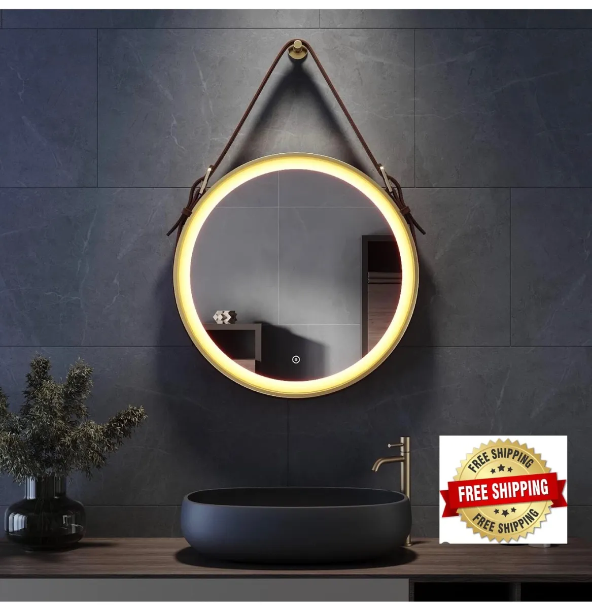 Round Bathroom Mirror with Lights Gold Frame Leath - Image 1