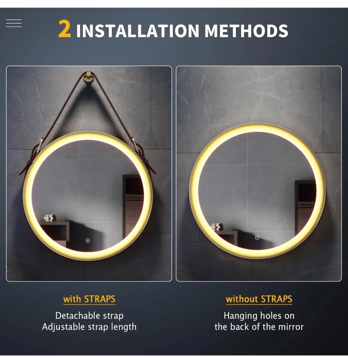 Round Bathroom Mirror with Lights Gold Frame Leath - Image 1