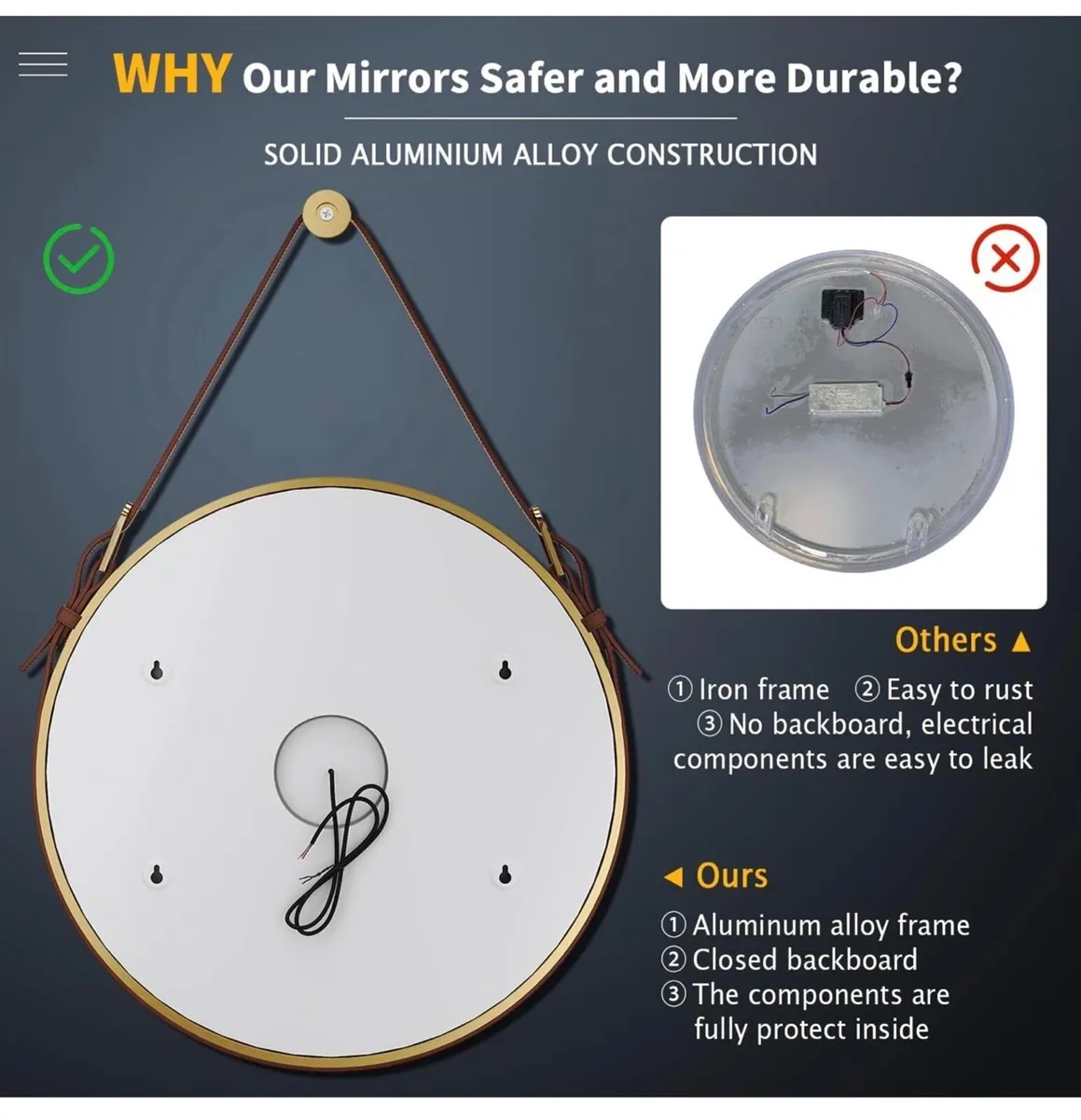 Round Bathroom Mirror with Lights Gold Frame Leath - Image 2