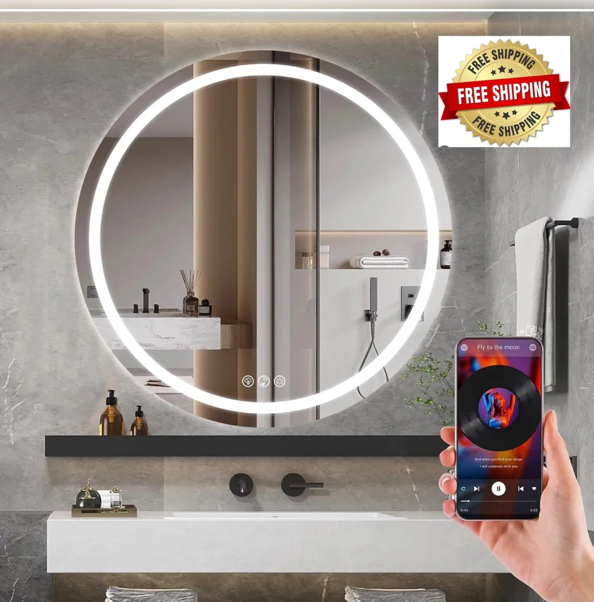 Bluetooth LED Bathroom Wall Mirror with LED Lights - Image 1