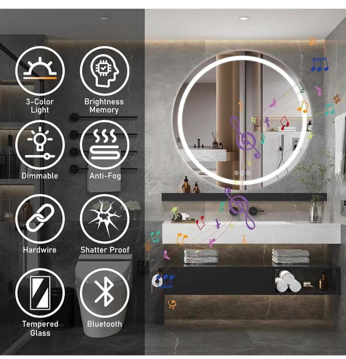 Bluetooth LED Bathroom Wall Mirror with LED Lights - Image 3
