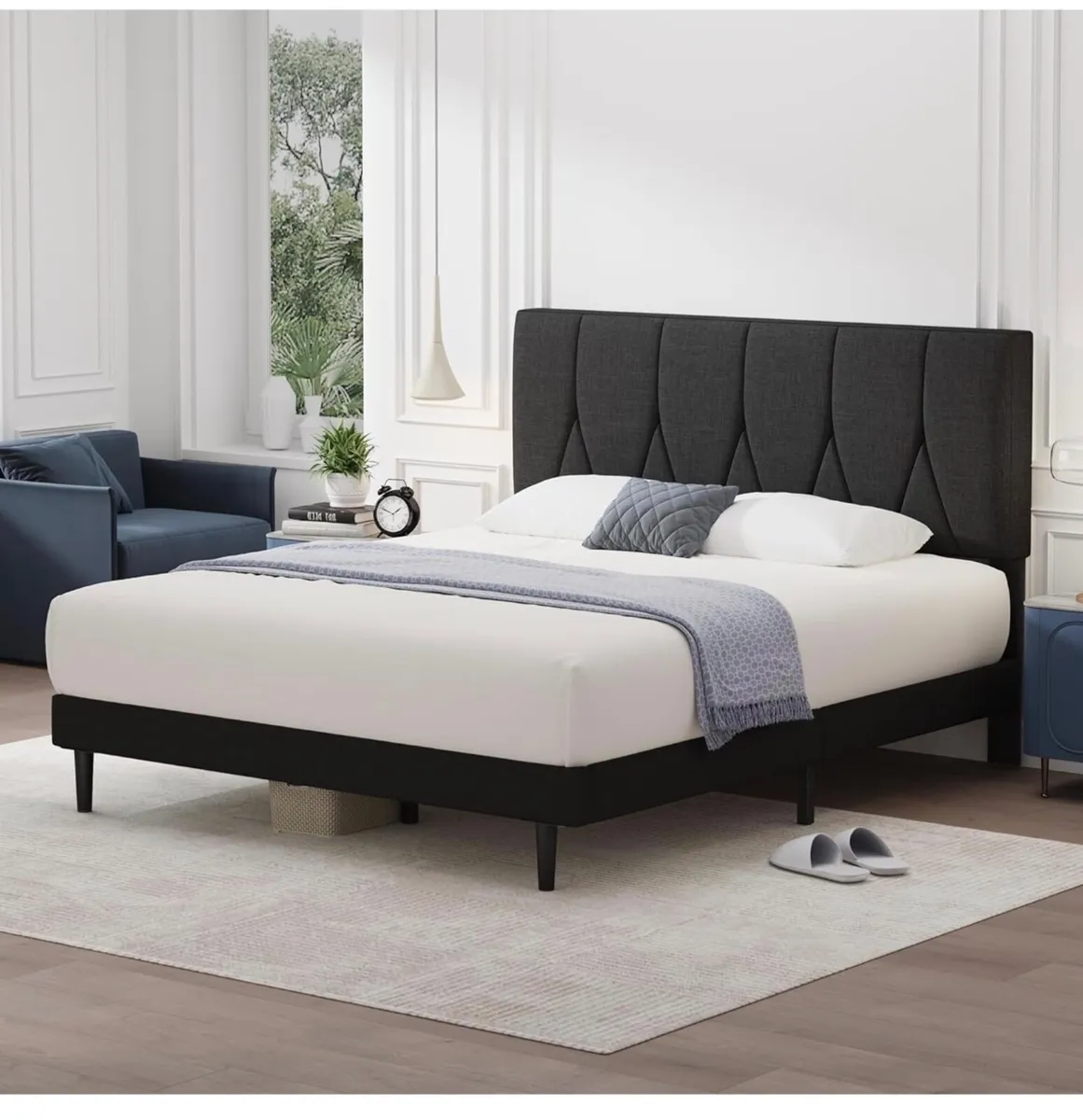 Small Double Bed Frame, Black, Upholstered Wooden - Image 3