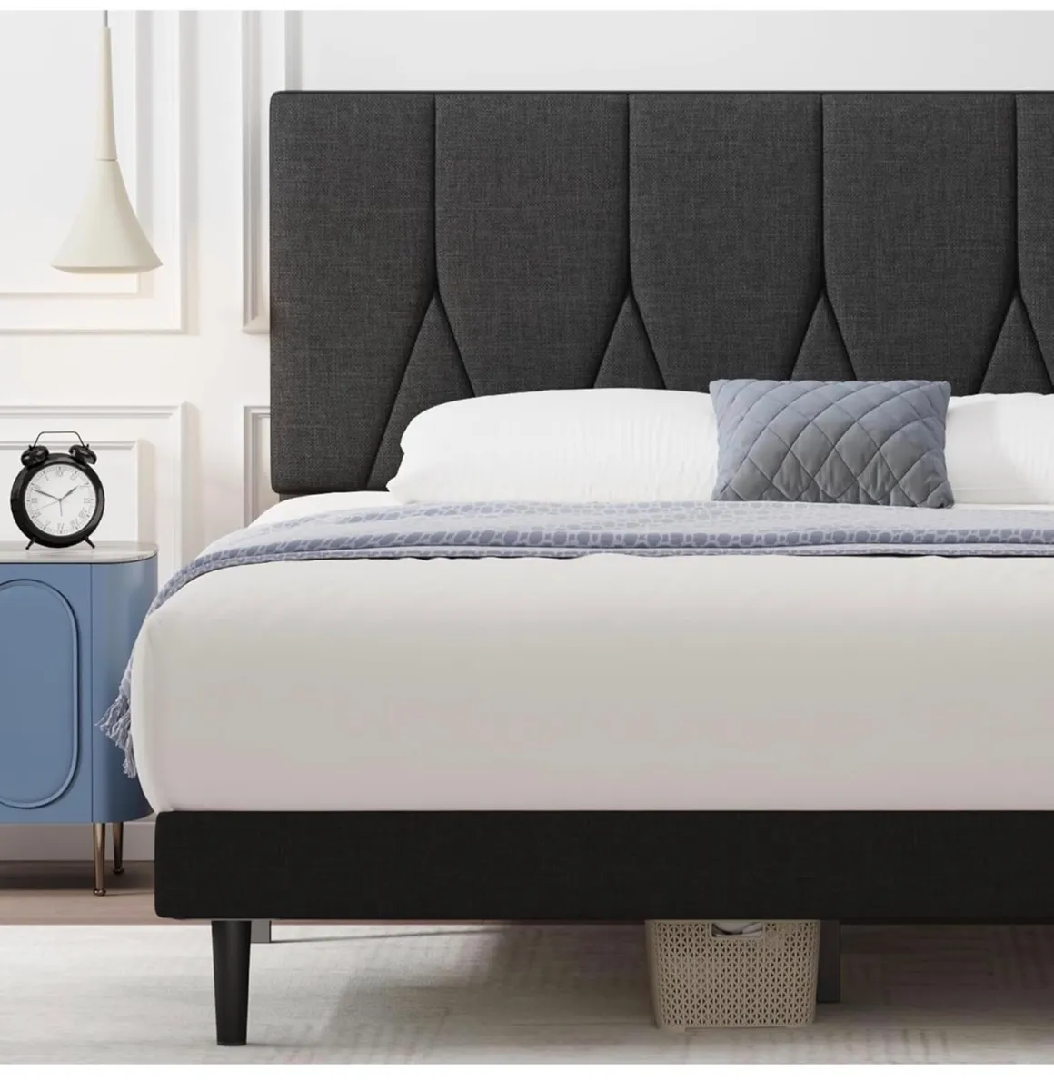 Small Double Bed Frame, Black, Upholstered Wooden - Image 2