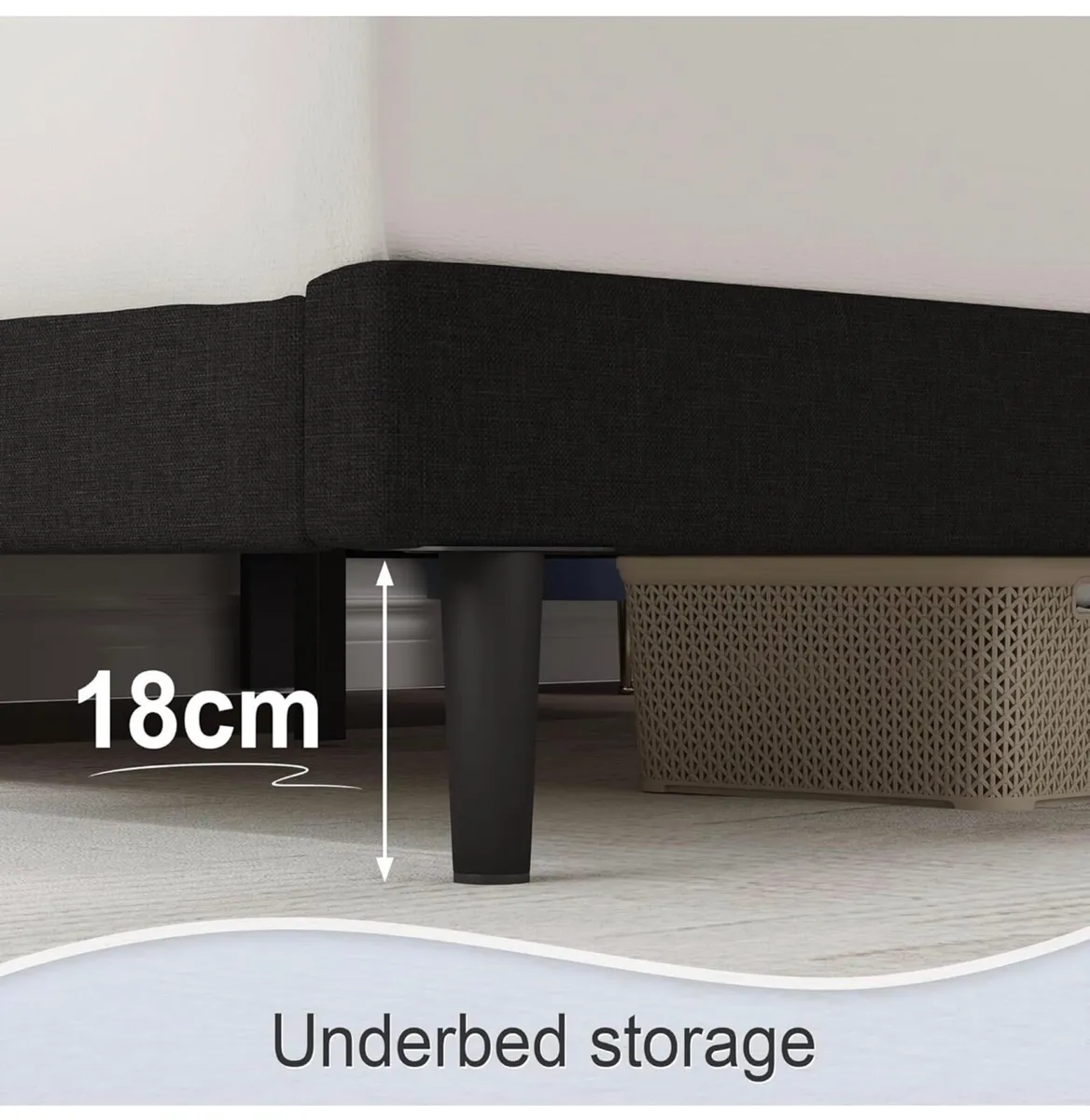 Small Double Bed Frame, Black, Upholstered Wooden - Image 3
