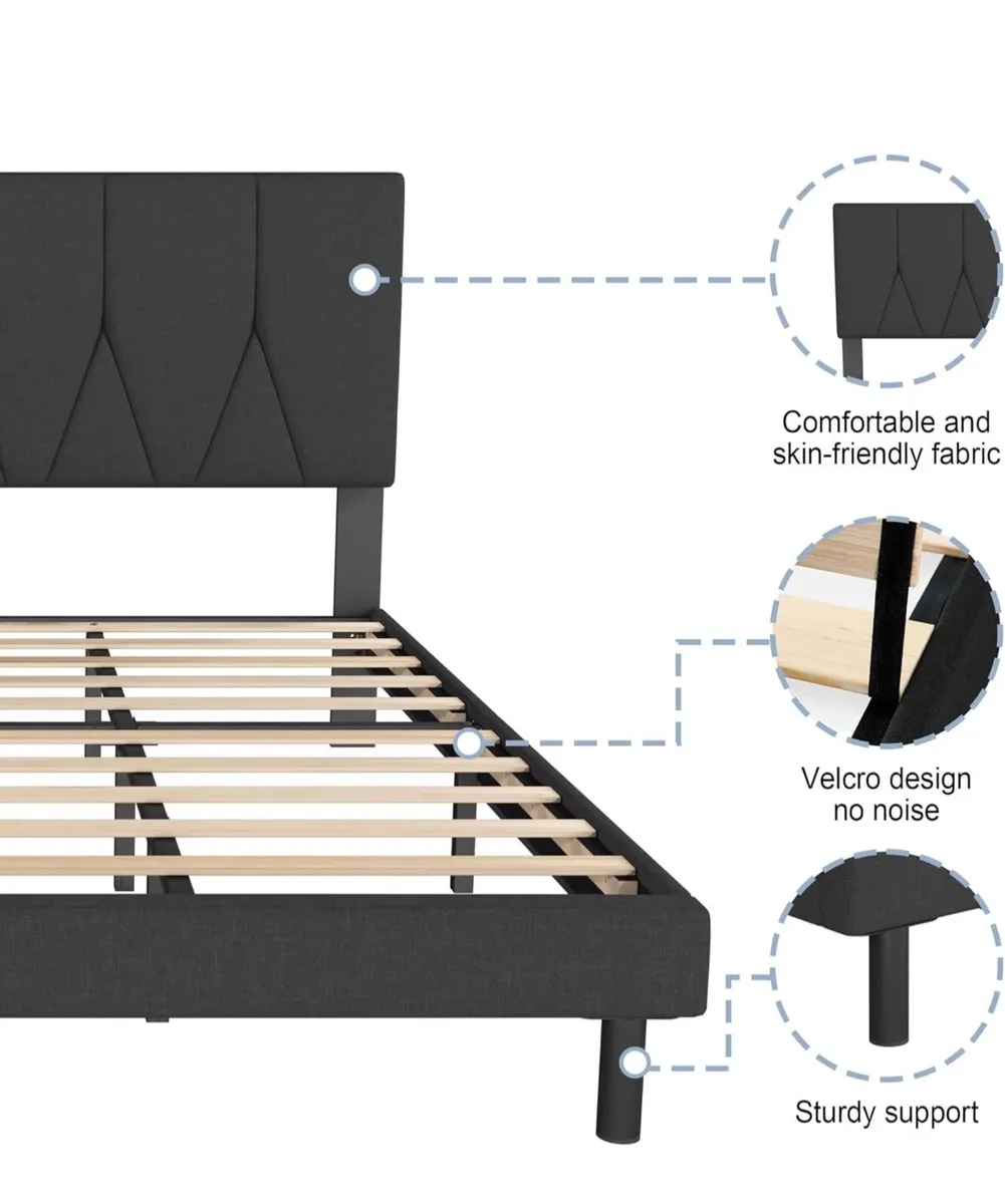 Small Double Bed Frame, Black, Upholstered Wooden - Image 4