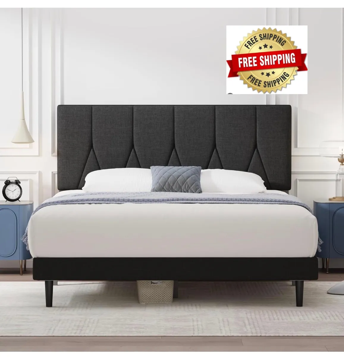 Small Double Bed Frame, Black, Upholstered Wooden - Image 1