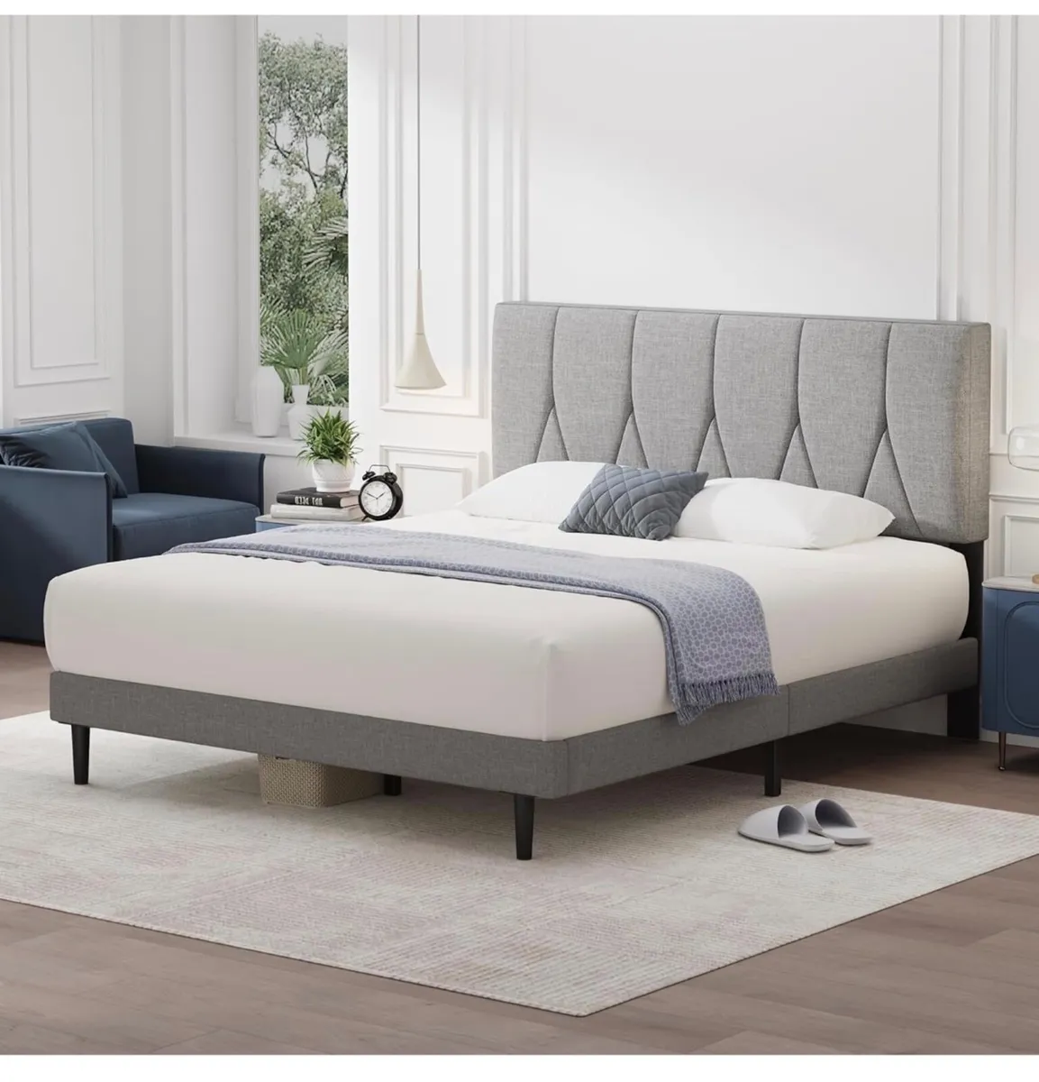 Small Double Bed Frame, Light Grey, Upholstered Wo - Image 3