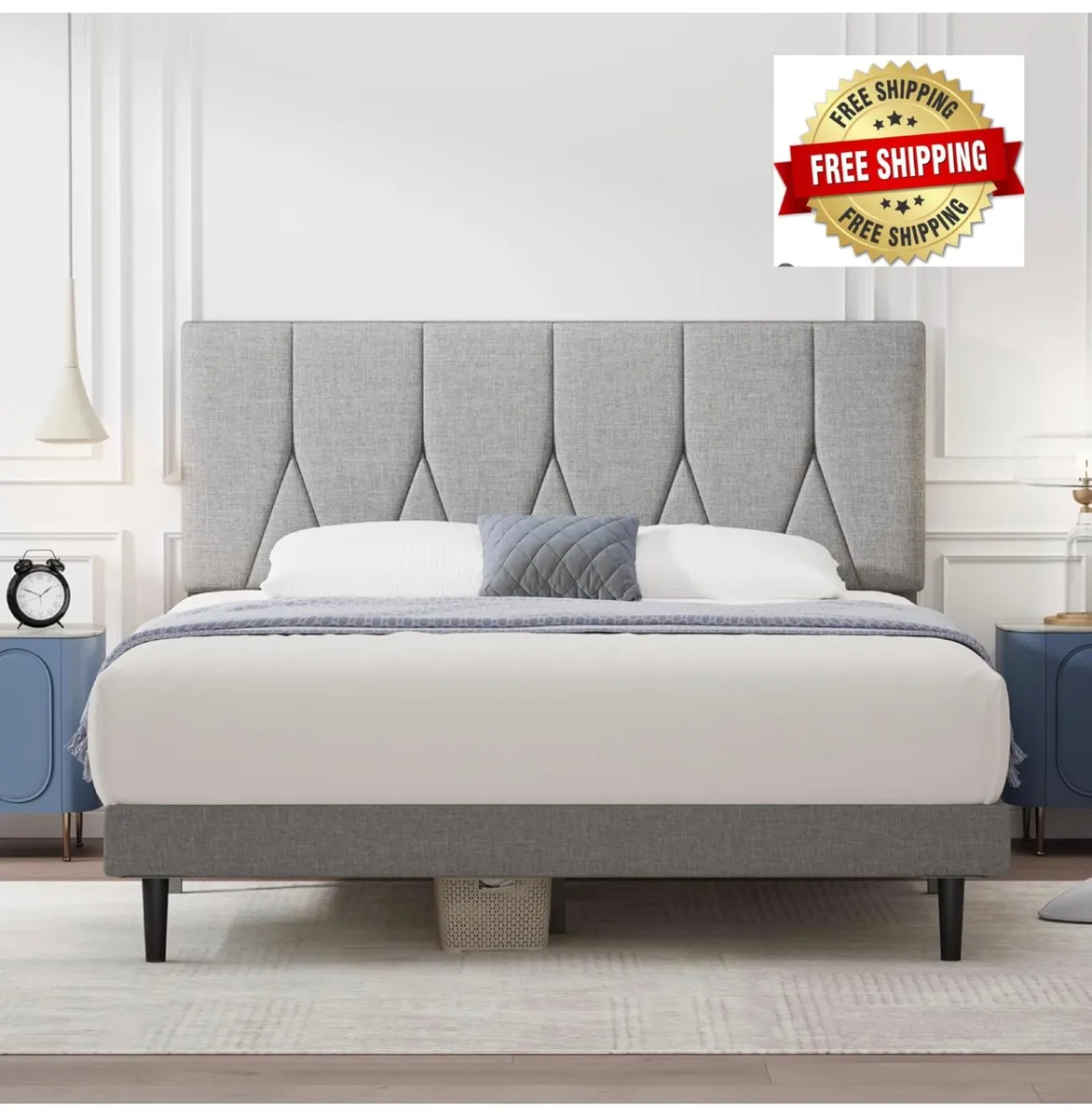 Small Double Bed Frame, Light Grey, Upholstered Wo - Image 1