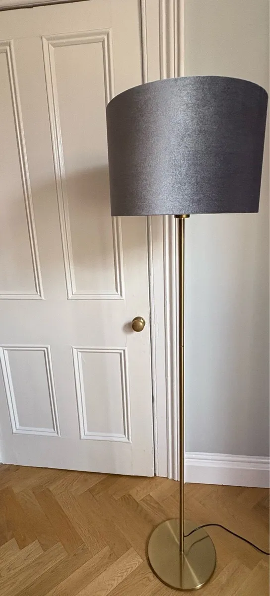 Brass floor lamp with grey velvet shade - Image 1