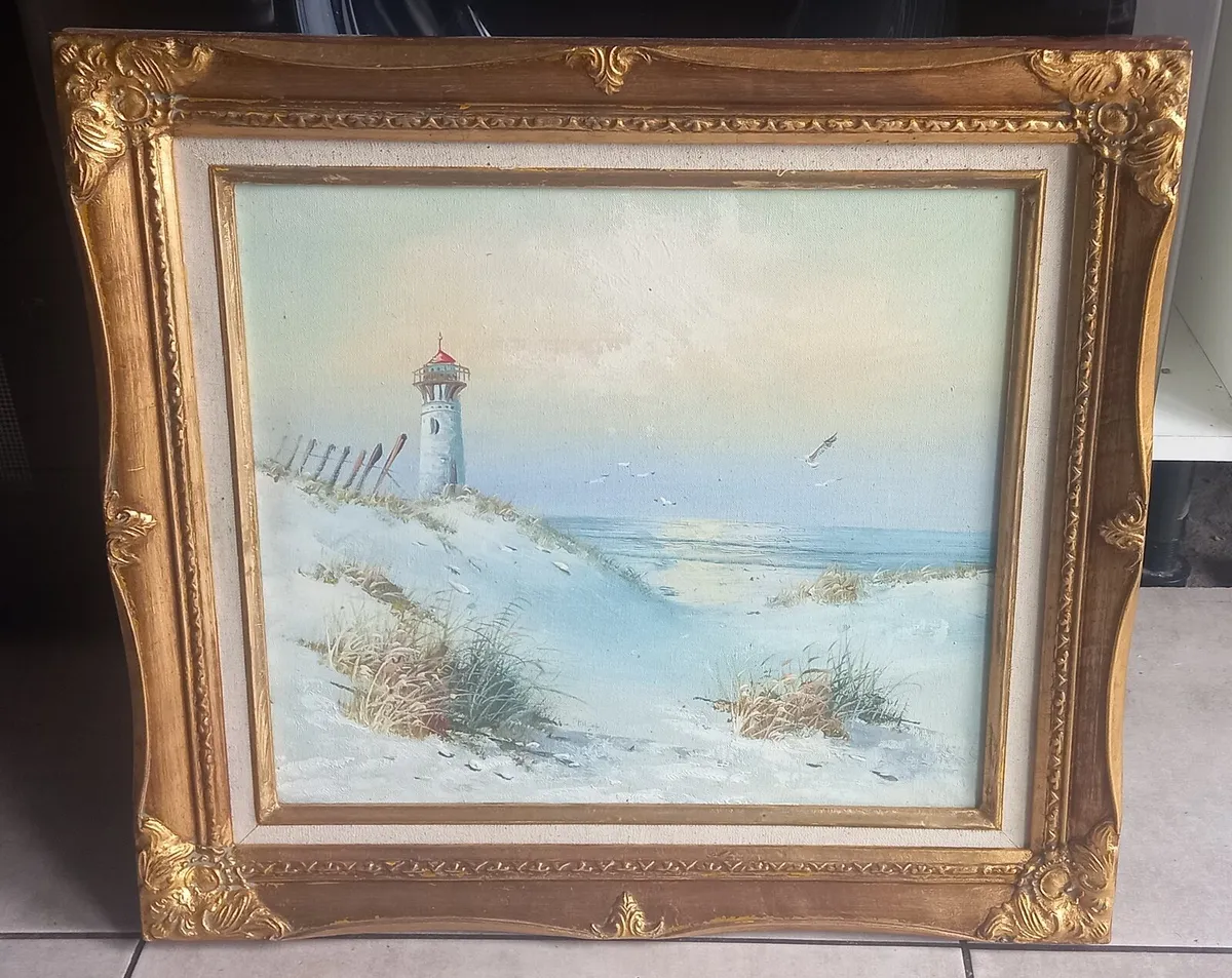 Beautiful Vintage Lighthouse Oil Painting - Image 1