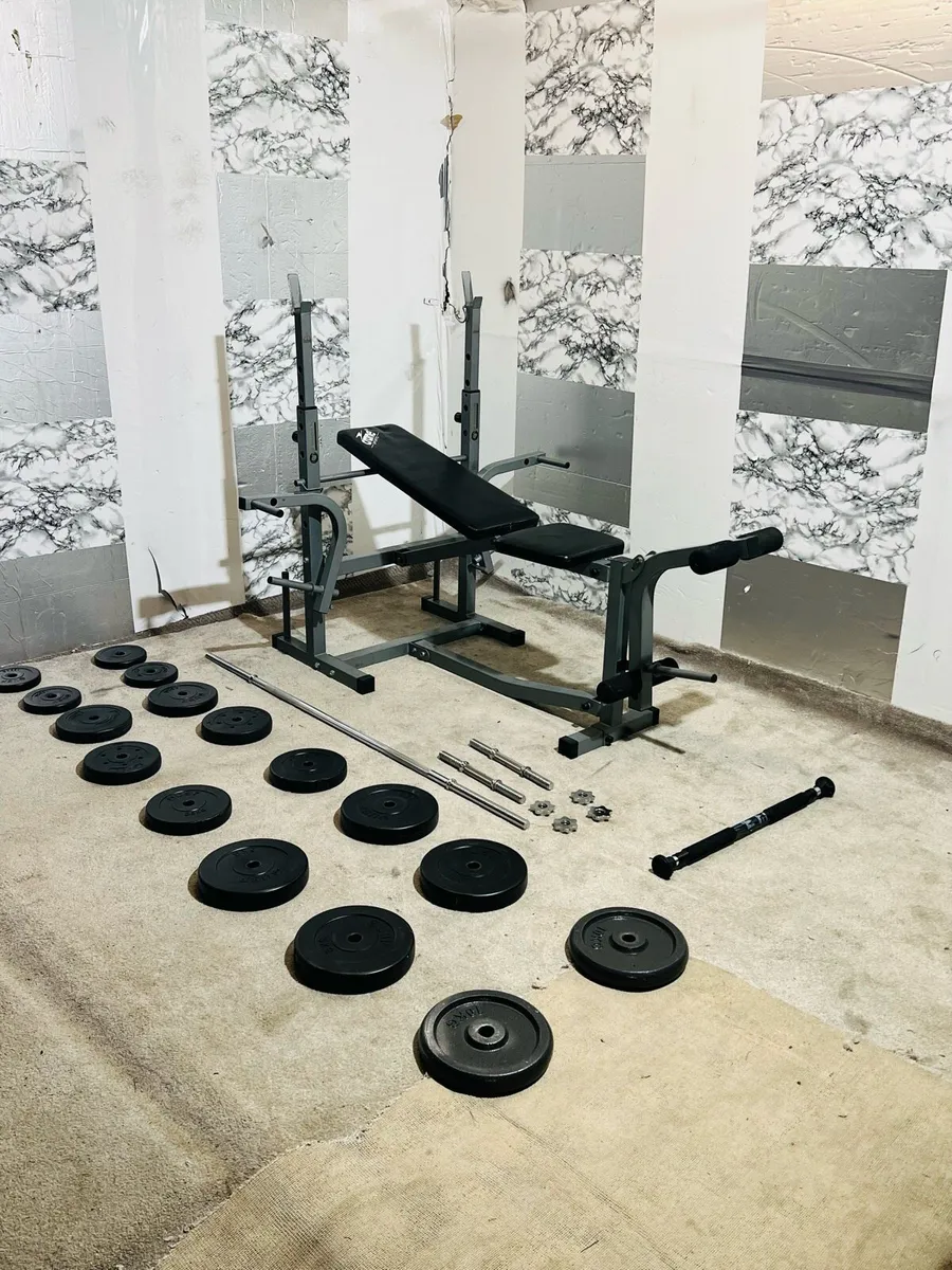 HEAVY DUTY WEIGHT BENCH 60KG WEIGHTS BARBELL DUMBL - Image 1