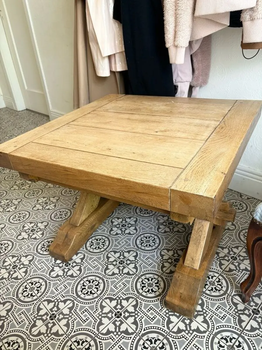 Super Heavy Solid European Oak Trestle Table (70cmx70cmx50cm) - Image 1
