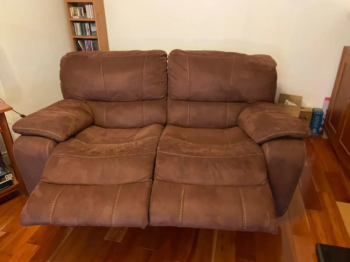 Recliner sofas x 2. Brown faux suede. - Image 1