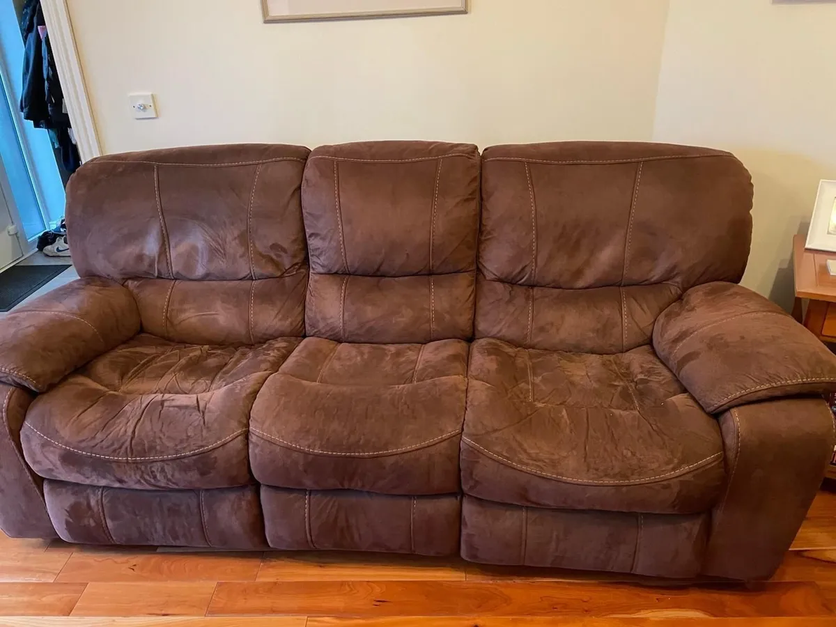 Recliner sofas x 2. Brown faux suede. - Image 4