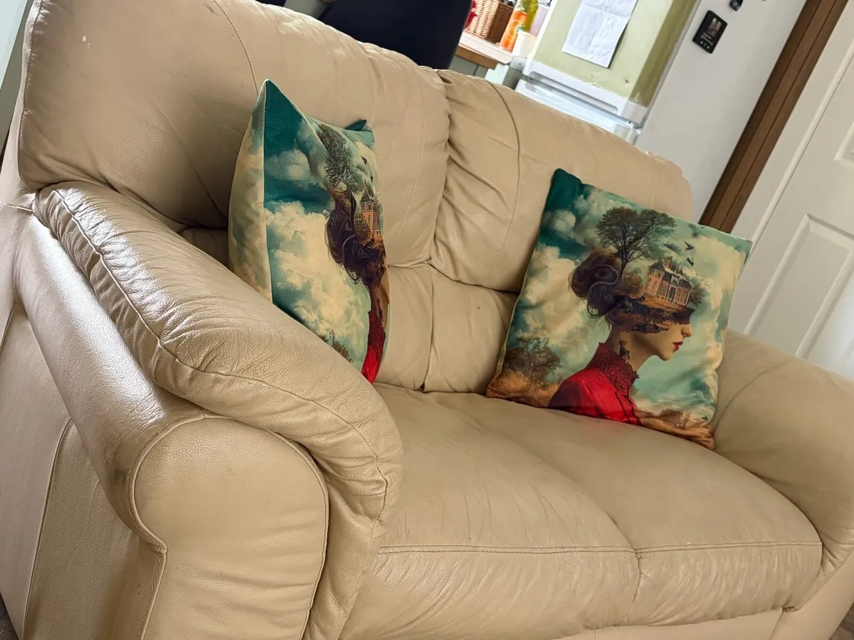 Cream Leather 2 Seater Sofa - Image 1