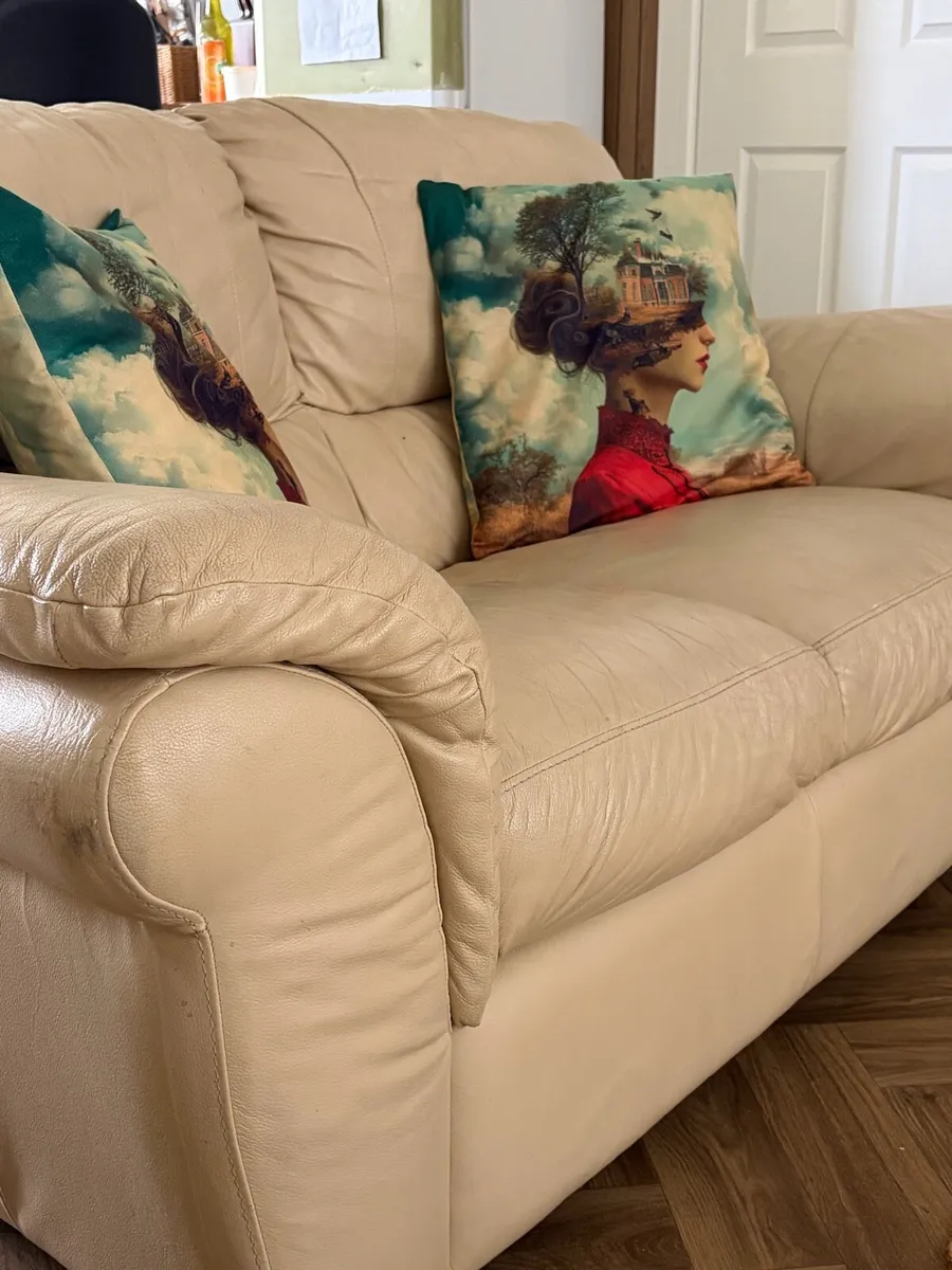 Cream Leather 2 Seater Sofa - Image 2