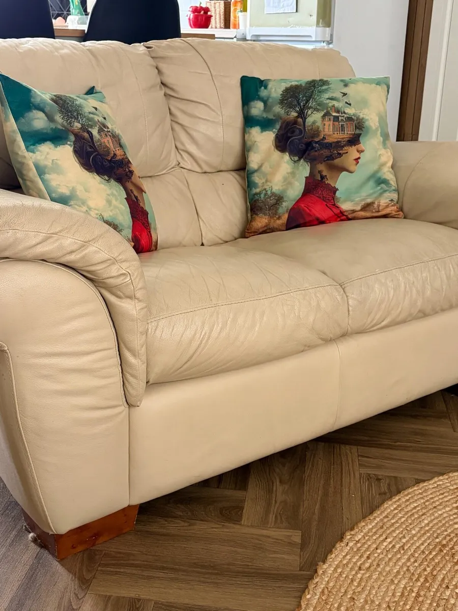 Cream Leather 2 Seater Sofa - Image 3
