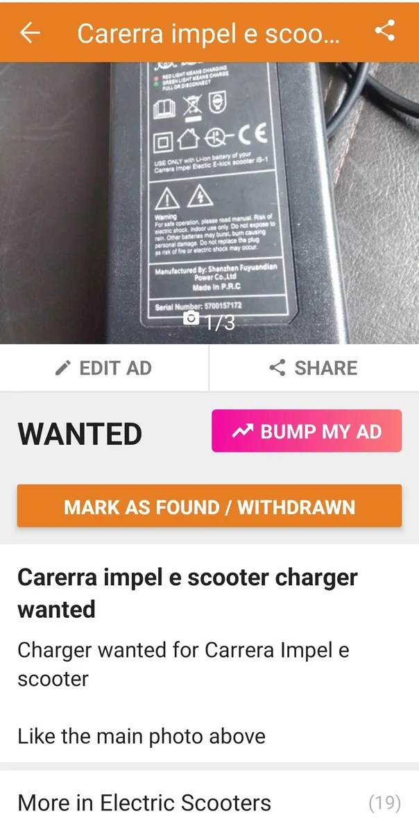 Carrera Impel e - scooter charger wanted