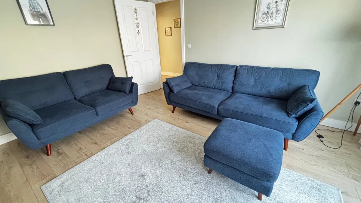 Navy Fabric 3 + 2 Seater Sofa + stool - Image 1