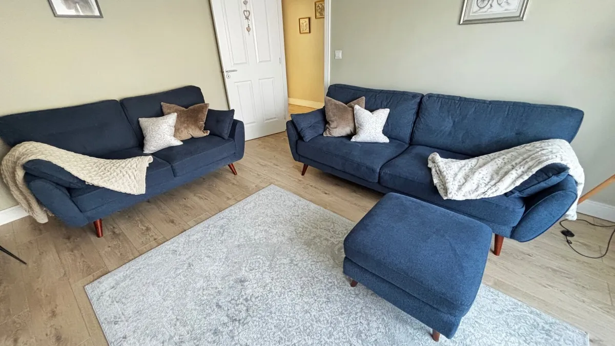 Navy Fabric 3 + 2 Seater Sofa + stool - Image 2