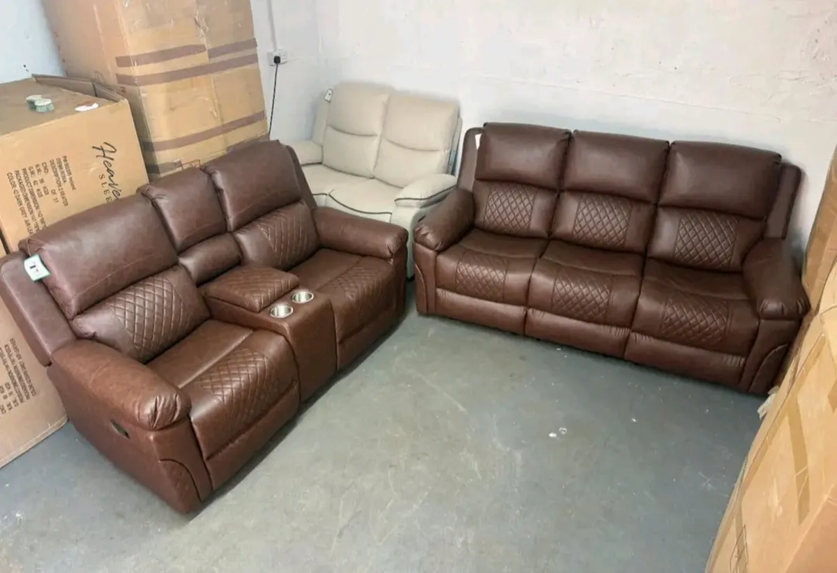 Roman 3+2 Brown Leather Recliner Sofa Set - Image 1
