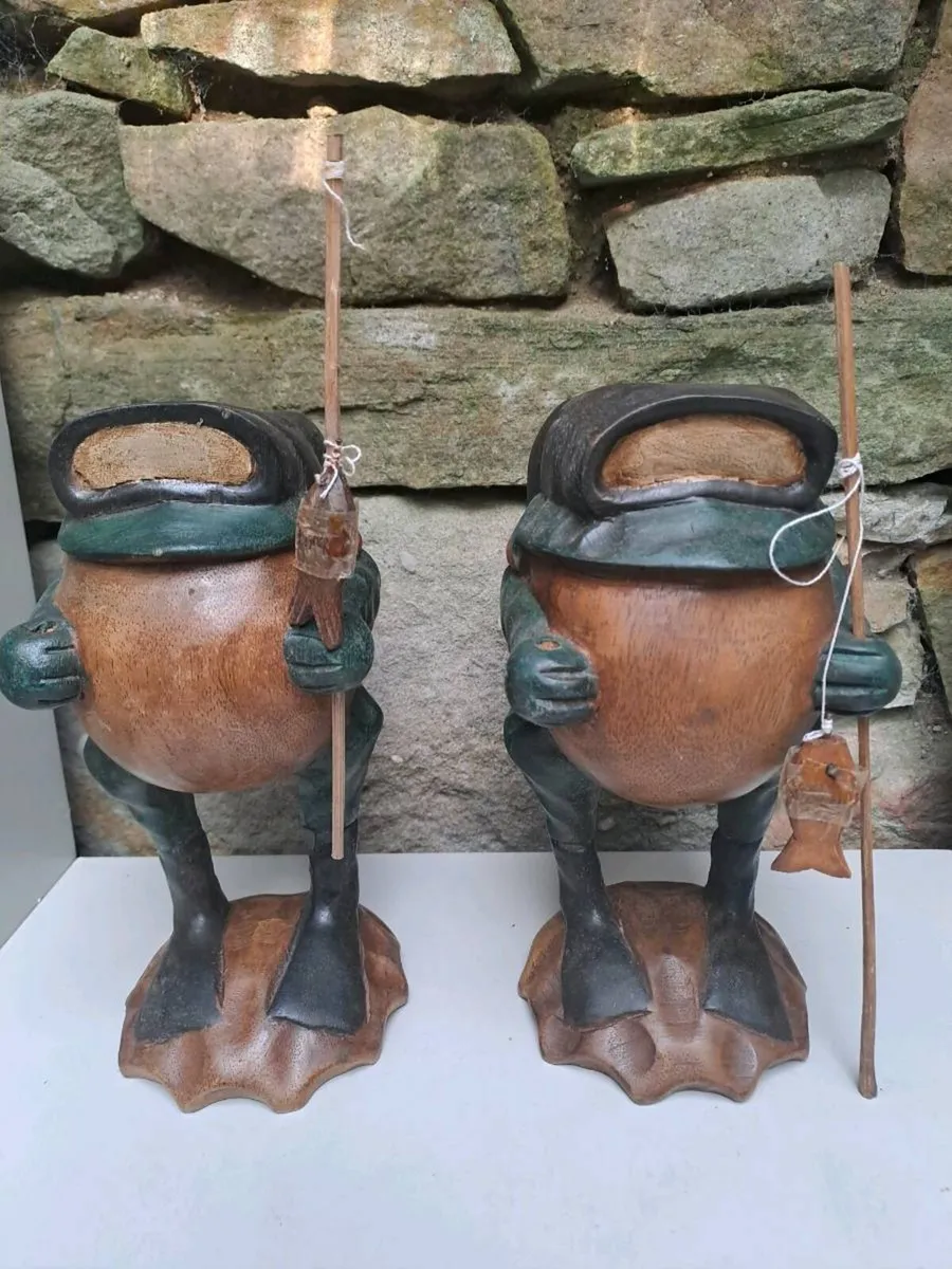 Pair of Hand Carved Wooden Fishing Frog Figures - Image 1