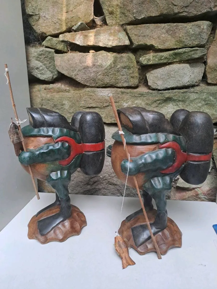 Pair of Hand Carved Wooden Fishing Frog Figures - Image 2