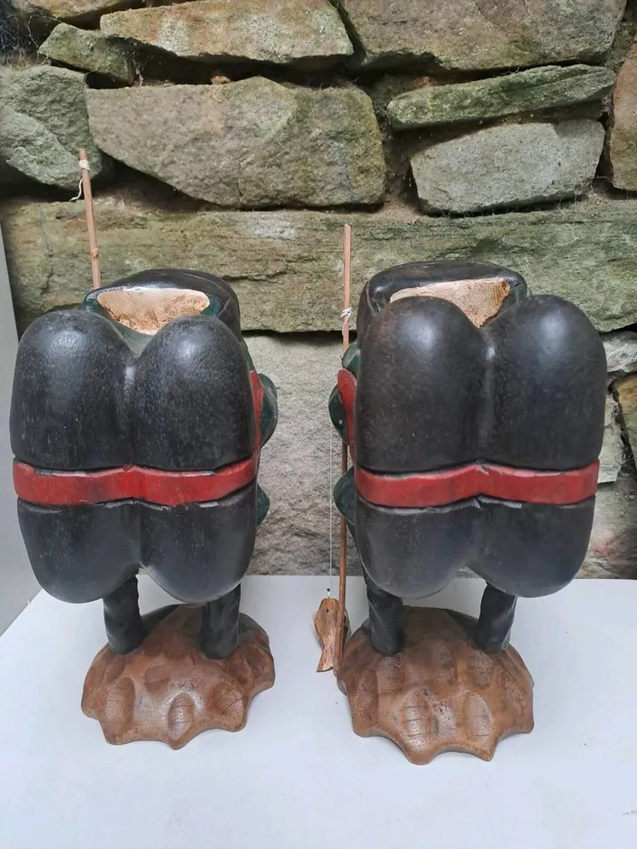 Pair of Hand Carved Wooden Fishing Frog Figures - Image 3