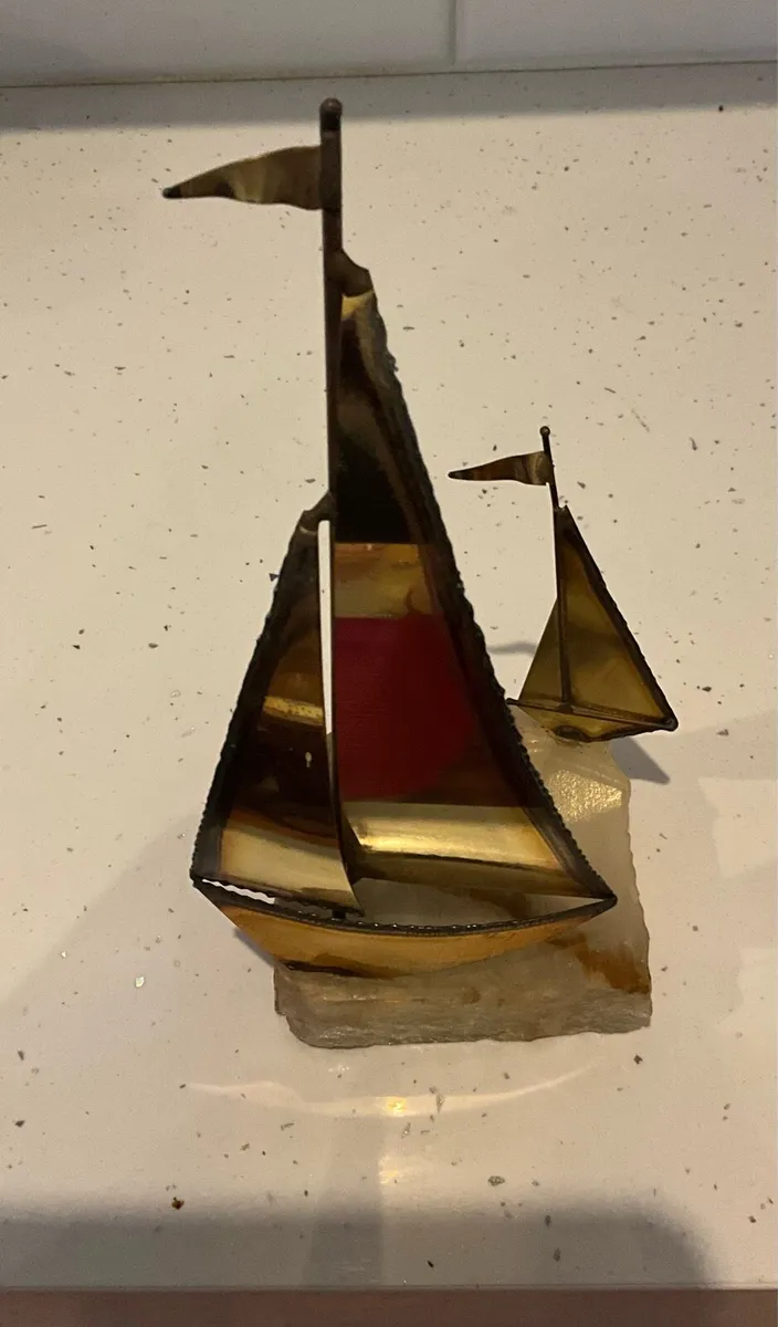 Vintage 1970s 2 Brass Sailboats on Quarts Stand - Image 1