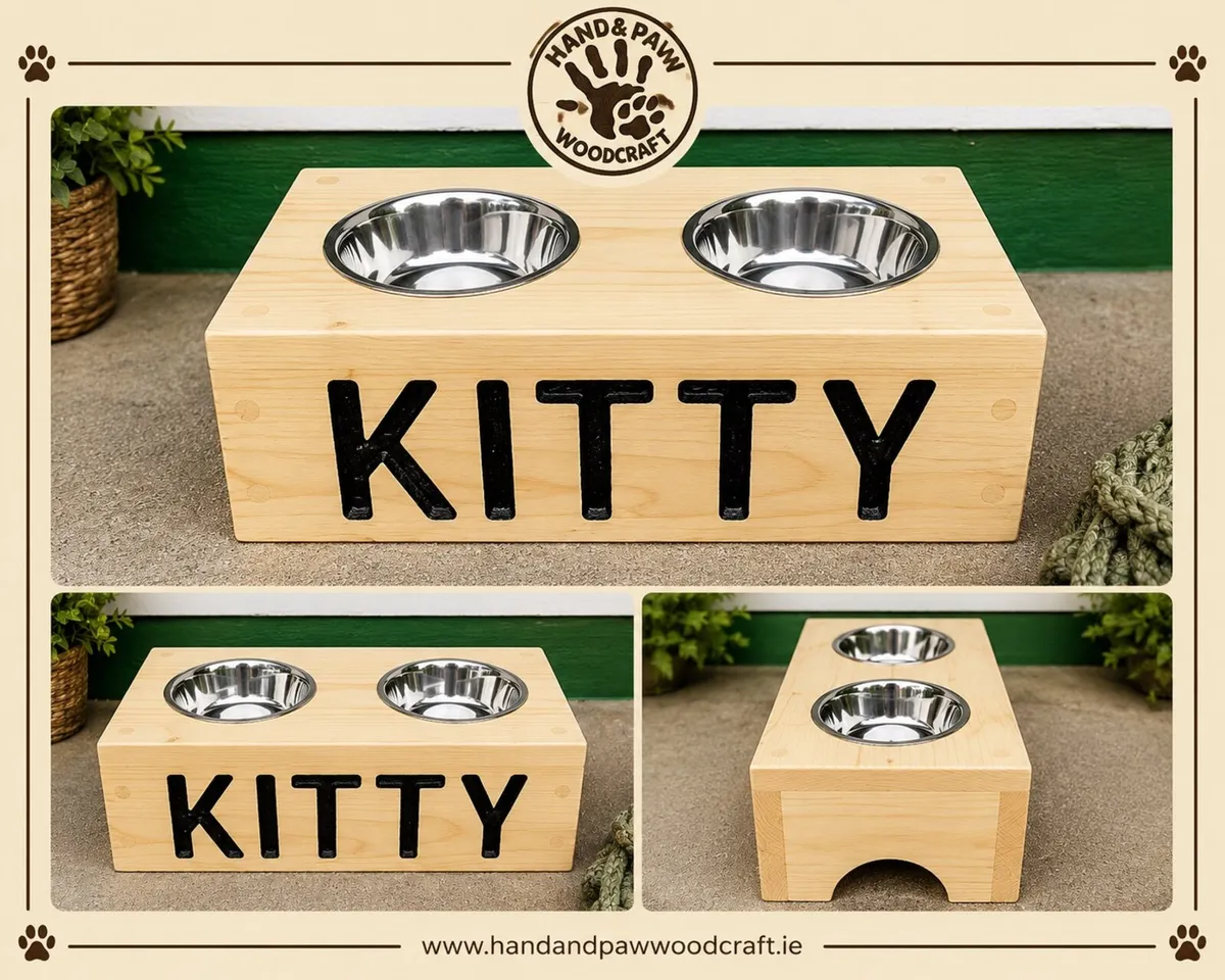 Handmade Raised Pet Feeder – Reclaimed Wood (Cats - Image 1
