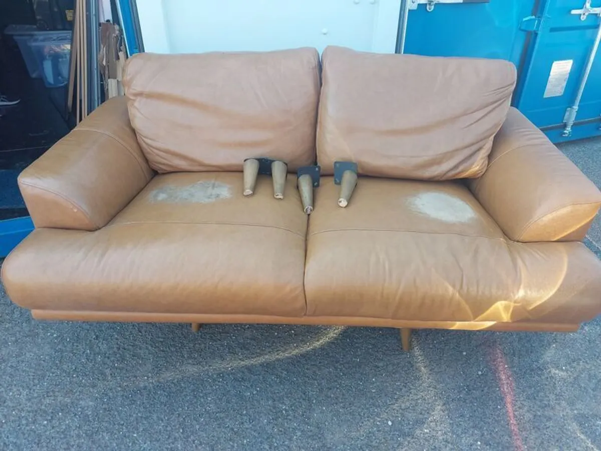 Brown leather sofa and matching foot poof - Image 2