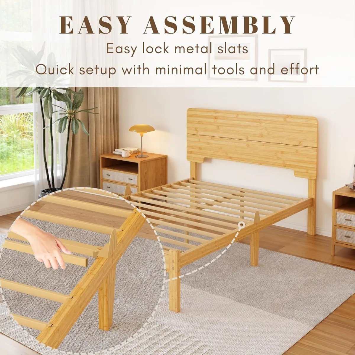 Wooden Double Bed Frame with Headboard - Bamboo - Image 4