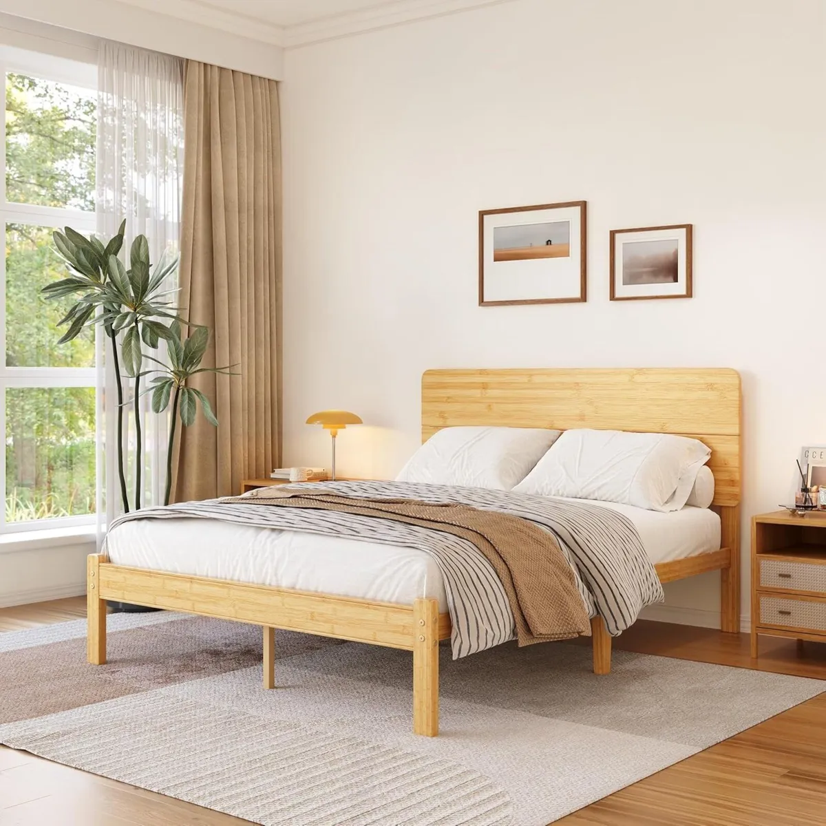 Wooden Double Bed Frame with Headboard - Bamboo - Image 1