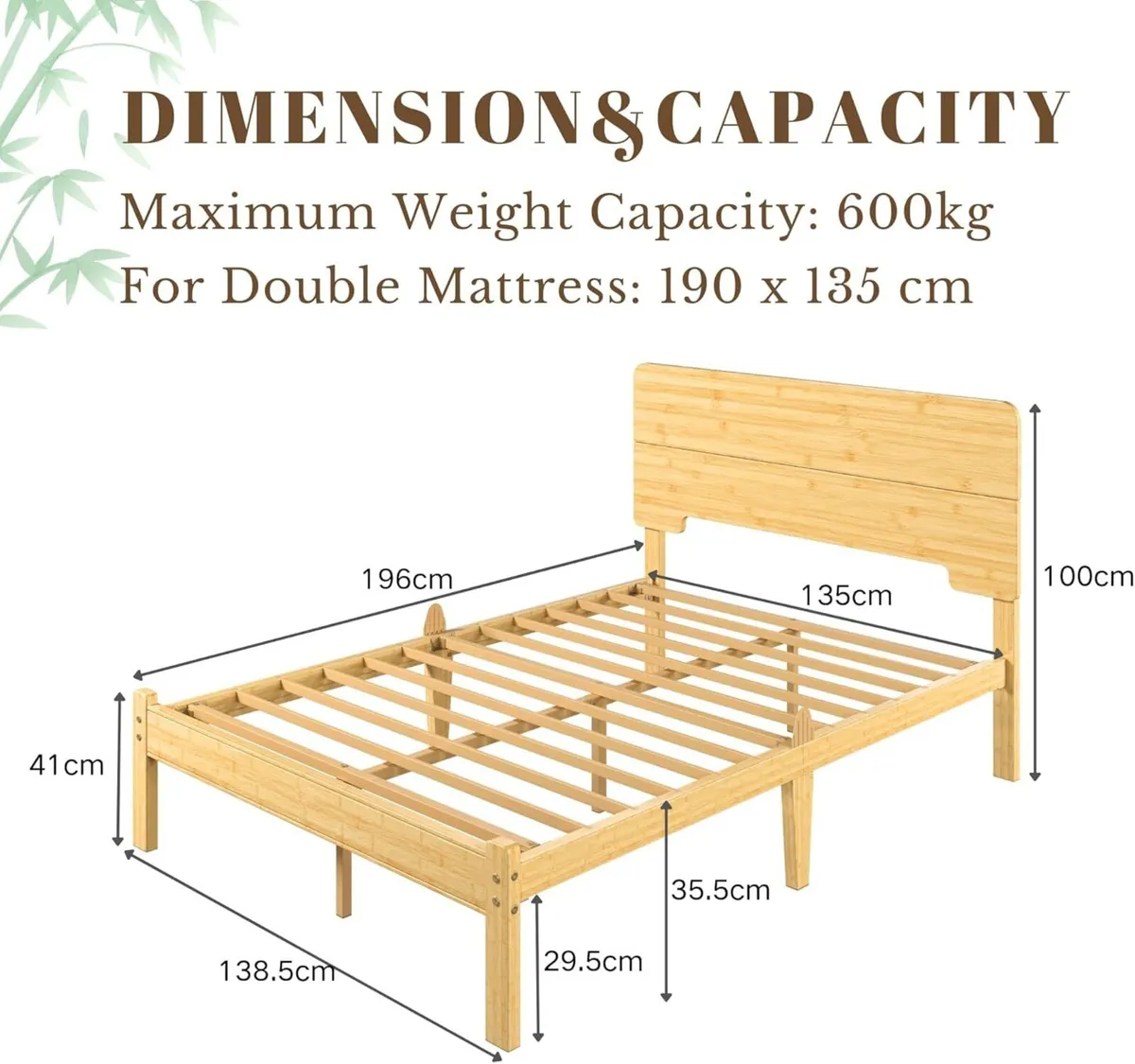 Wooden Double Bed Frame with Headboard - Bamboo - Image 2