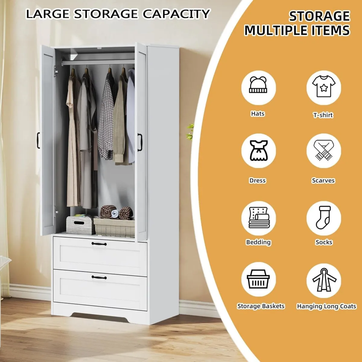 Bedroom storage wardrobe with hanging rod 63 inch - Image 4