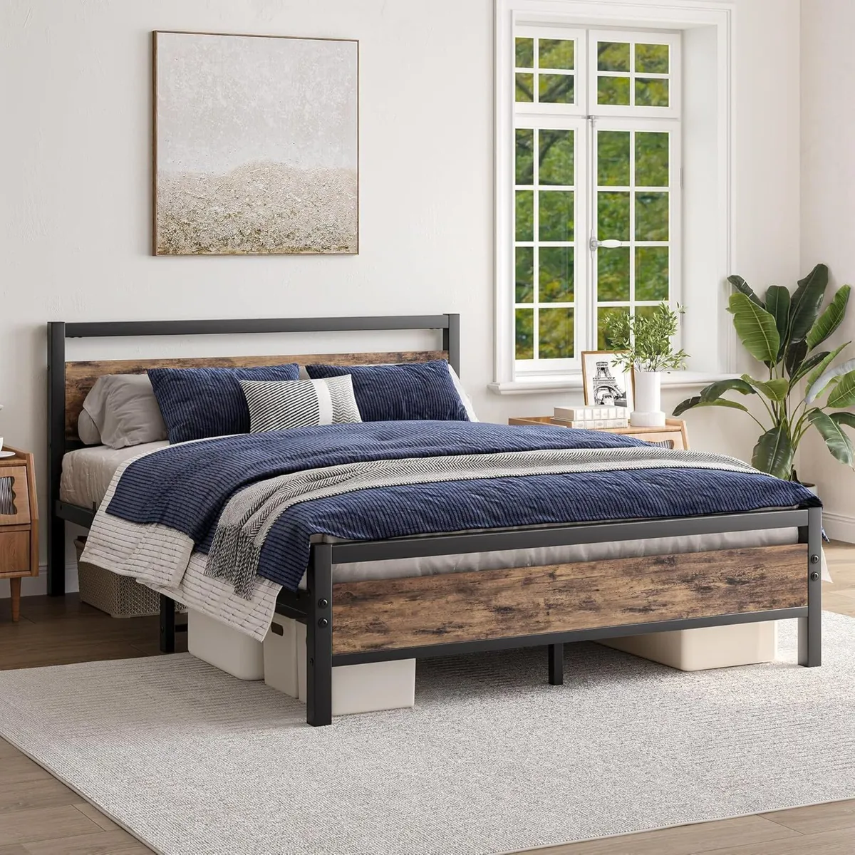 Metal Platform Bed Frame King Size with Wooden - Image 1