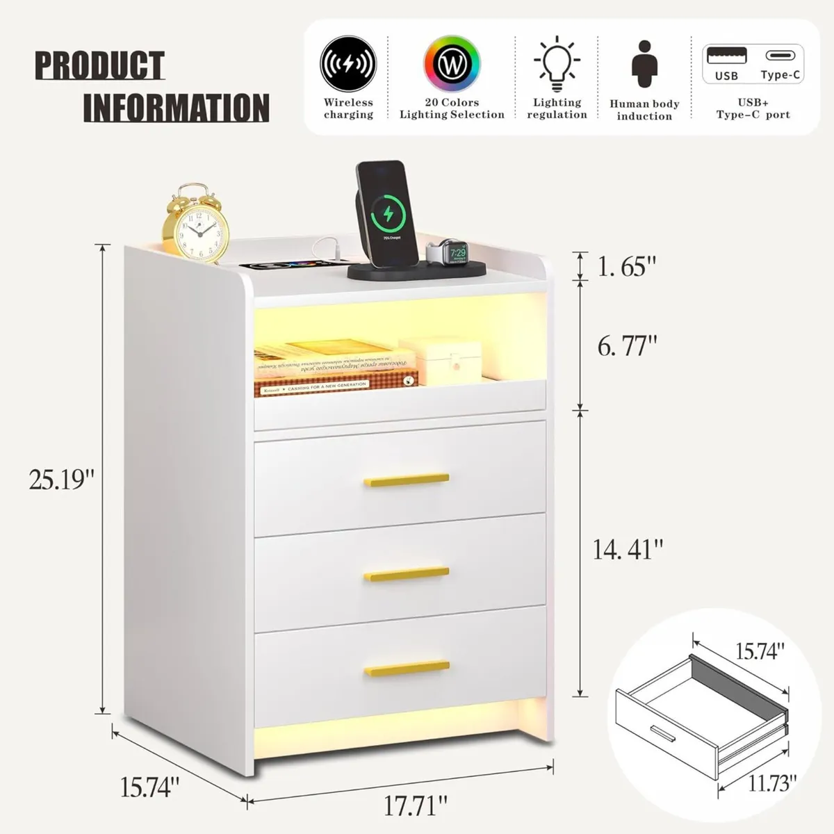 White Bedside Table with Charging Station and Led - Image 2