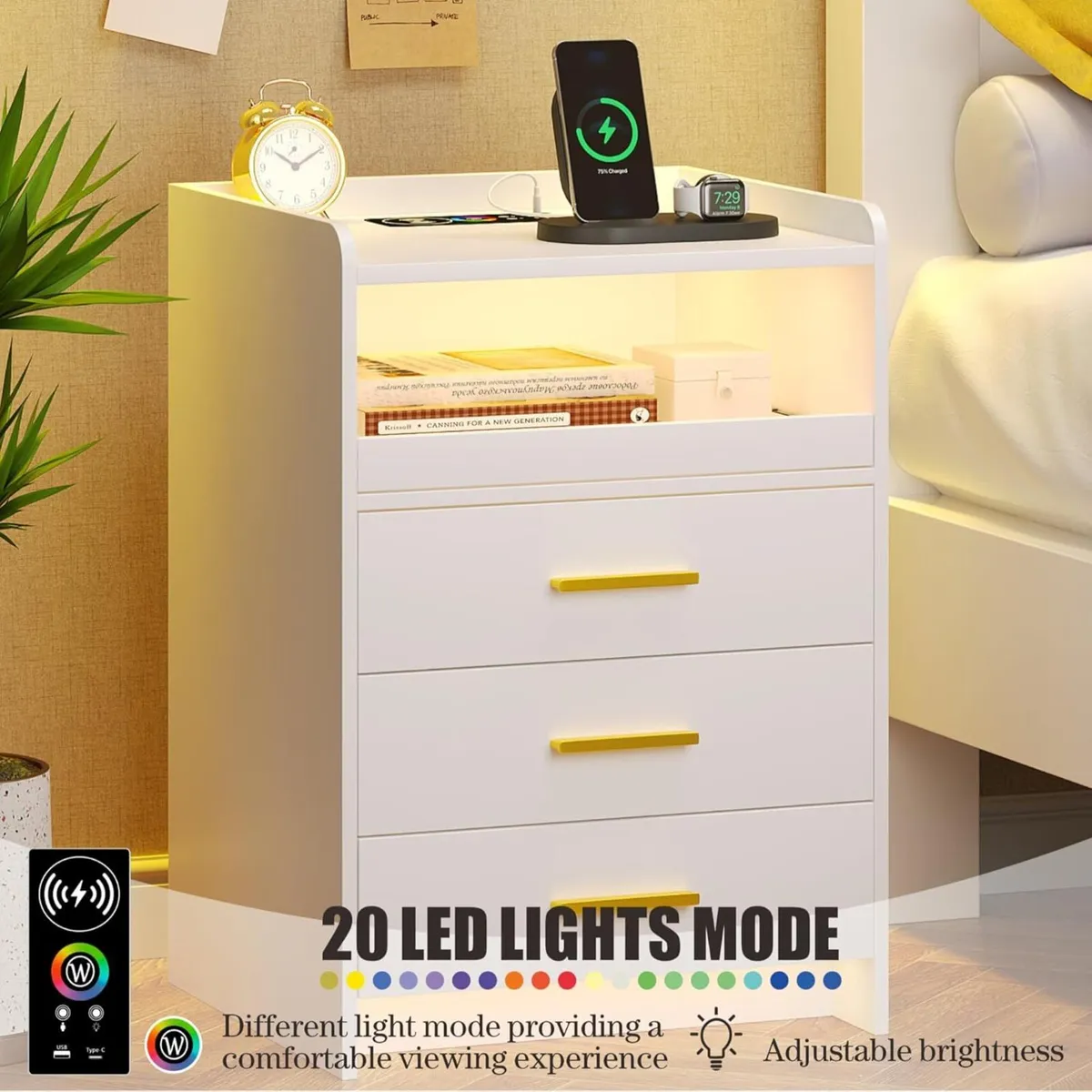 White Bedside Table with Charging Station and Led - Image 3