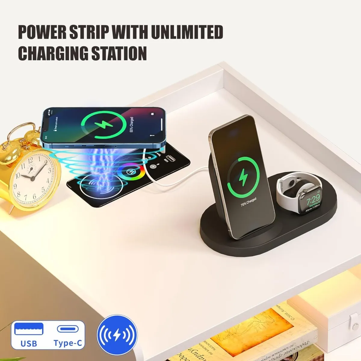 White Bedside Table with Charging Station and Led - Image 4