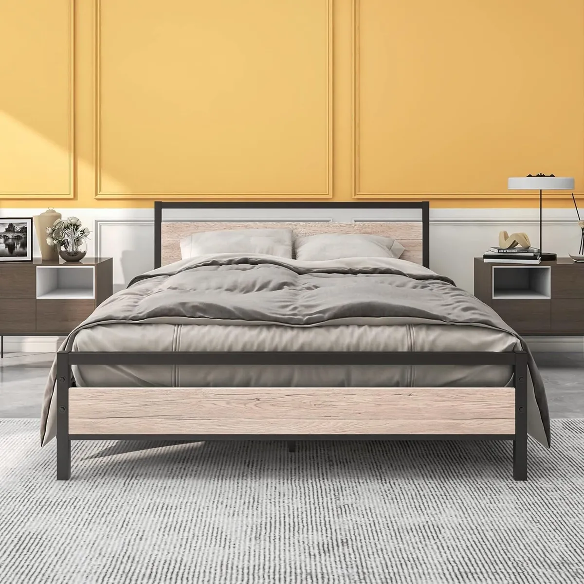 King Size Bed Frame with Wood Headboard Heavy - Image 1