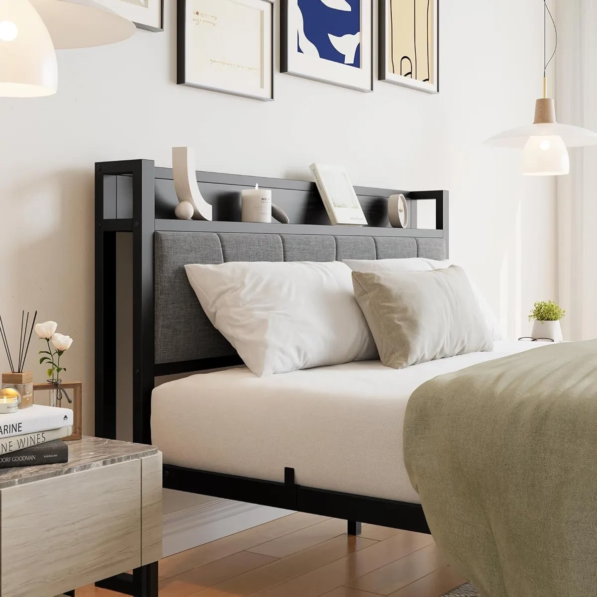 King Size Bed Frame with Storage Wooden Headboard - Image 4