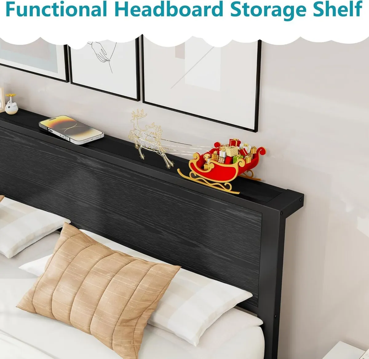 King Size Bed Frame Metal Platform with Wood - Image 4