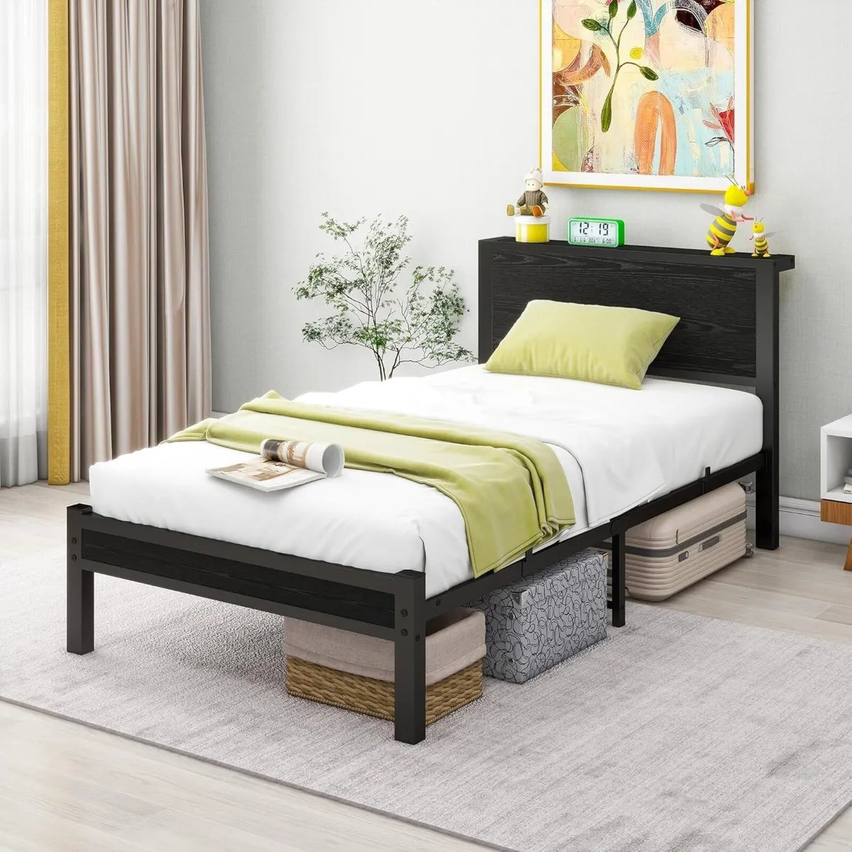 Single Bed Frame with Wooden Storage Shelf - Image 1