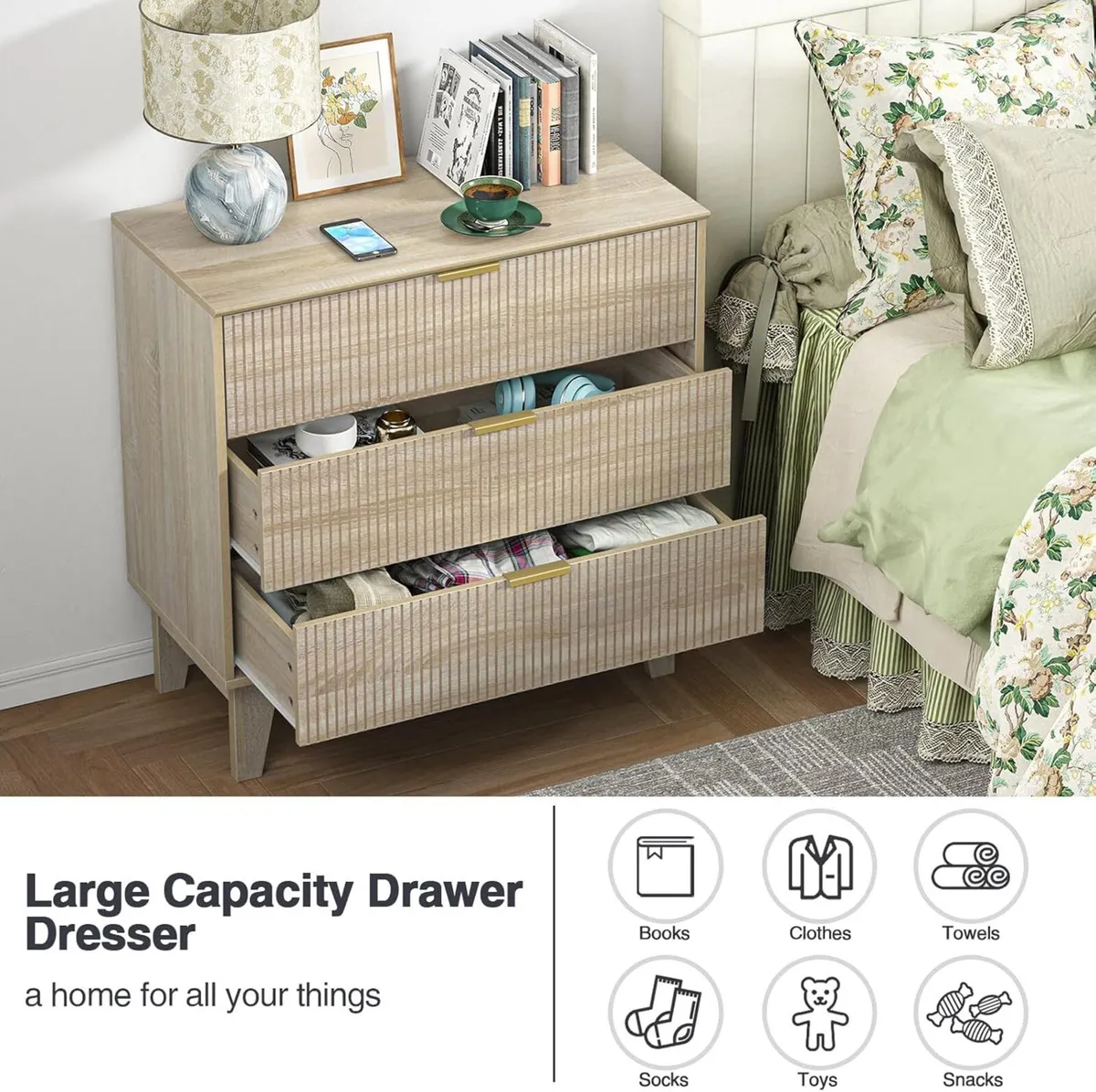 Fluted Bedroom Chest of 3 Drawers Wooden Closet - Image 3