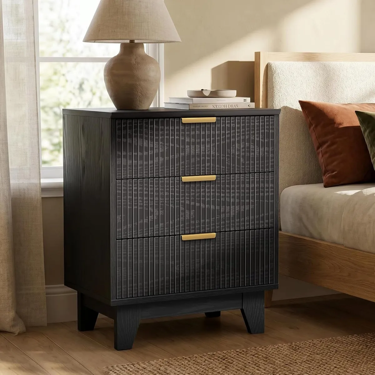 Bedside Table with 3 Drawers Fluted Nigntstand - Image 1