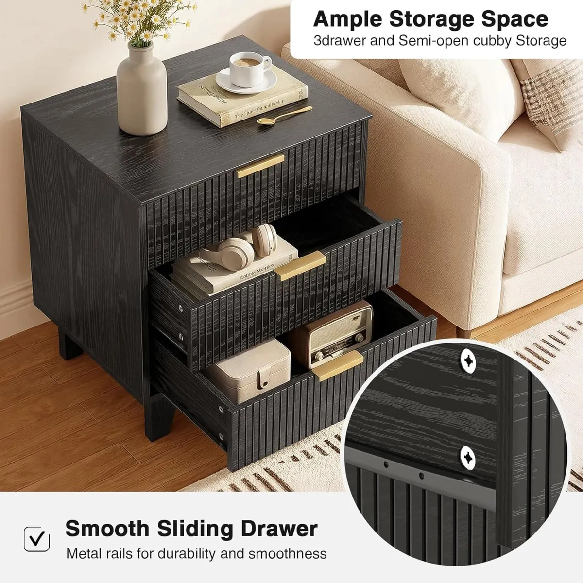 Bedside Table with 3 Drawers Fluted Nigntstand - Image 3