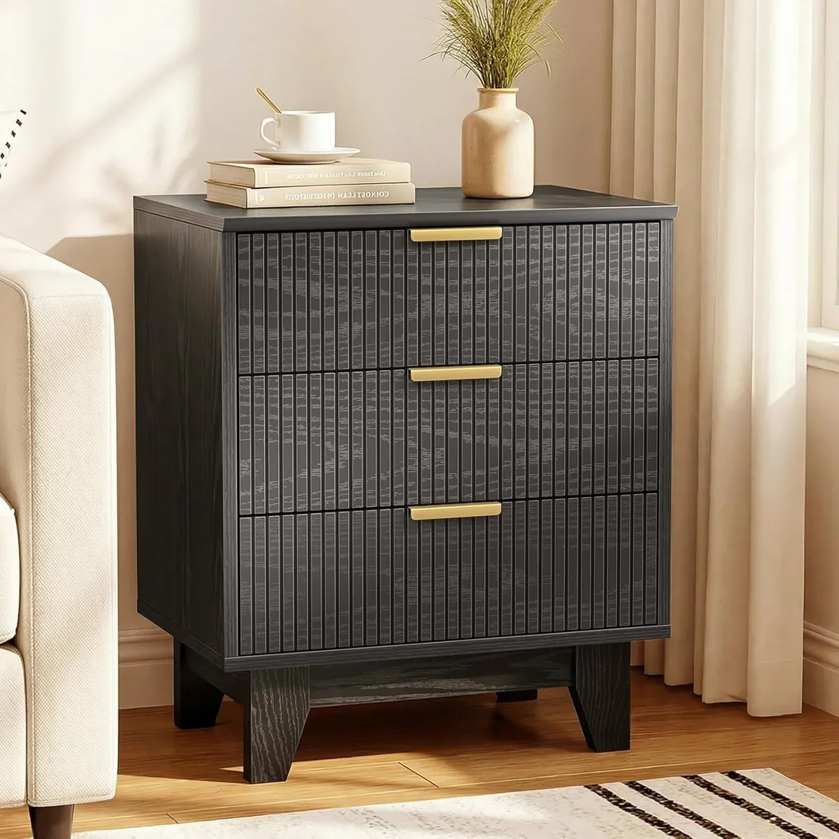 Bedside Table with 3 Drawers Fluted Nigntstand - Image 4